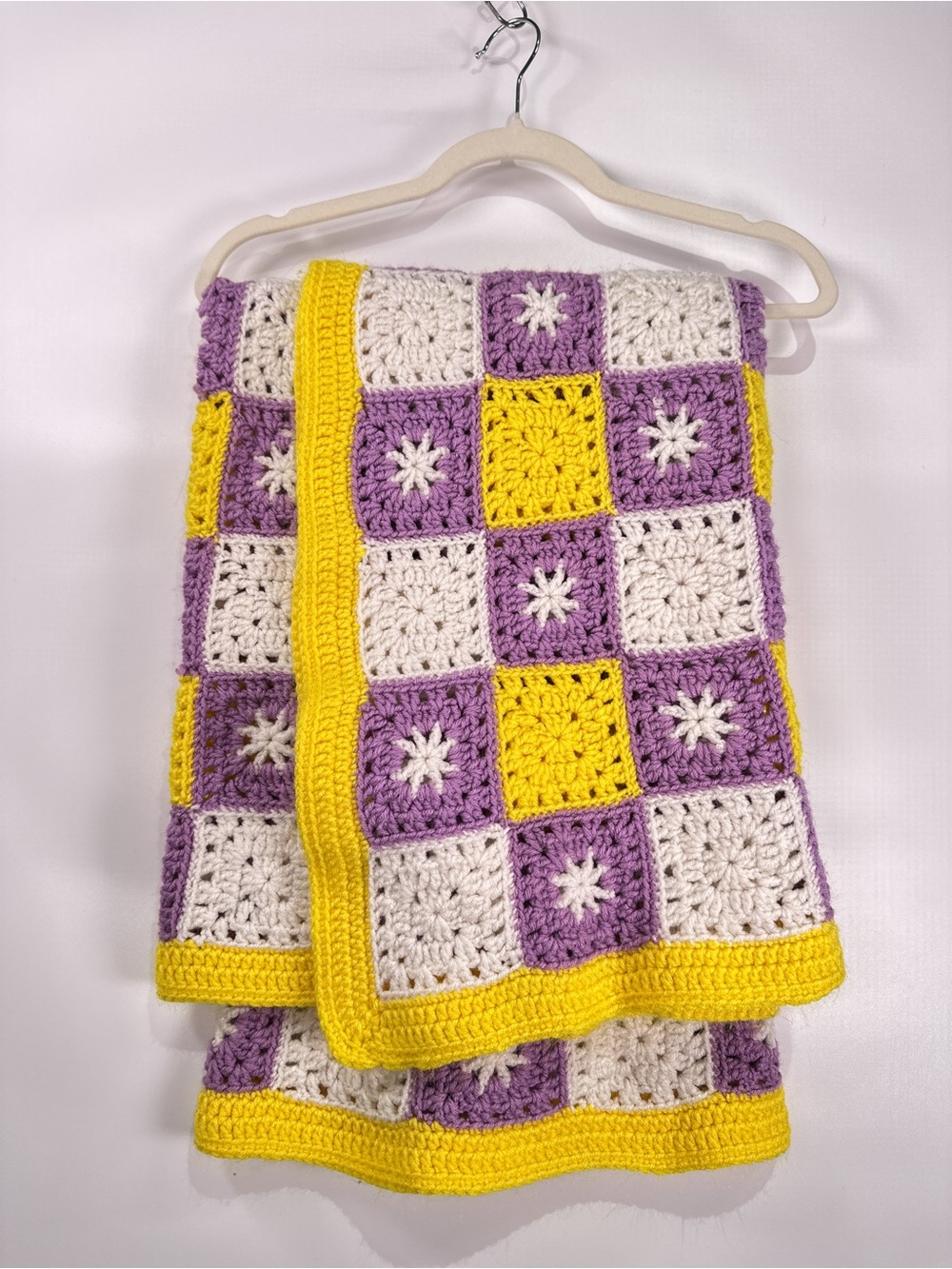 Handmade Vintage Granny Square Crochet Checkerboard Throw Purple Yellow 28x40 - Picture 2 of 9